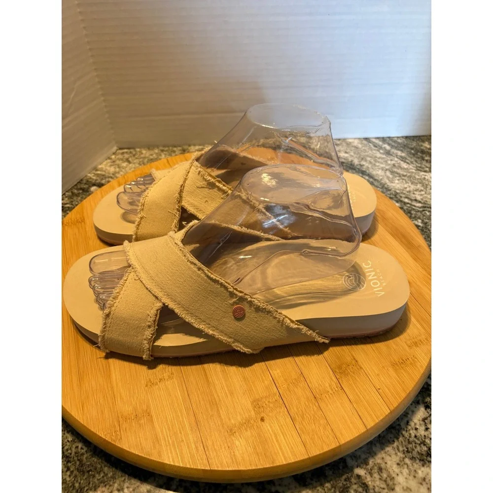 Vionic Beach Panama Tan Canvas Frayed Cross Strap Slide Sandals Womens 11